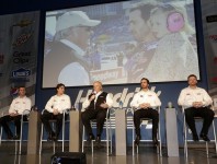NASCAR team owner Rick Hendrick (center) is surrounded by his four Sprint Cup Series drivers (left to right) Kasey Kahne, Jeff Gordon, Jimmie Johnson and Dale Earnhardt Jr. during Day Three of the NASCAR Sprint Media Tour hosted by Charlotte Motor Speedway. (CMS/HHP Photo)