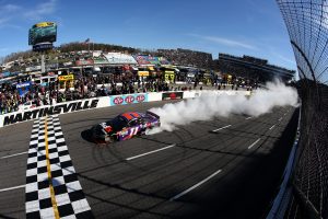 Denny Hamlin burns it down at the Virginia paperclip. Photo: Nick Laham/NASCAR via Getty Images