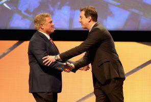 Terry Labonte shakes hands with 2015 NASCAR Sprint Cup Series Champion, Kyle Busch as he is inducted into the hall. Photo: Streeter Lecka/NASCAR via Getty Images