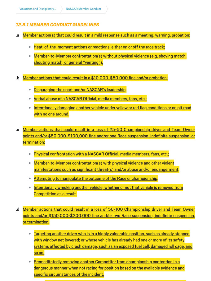 NASCAR Member Conduct rule clarifications for 2016