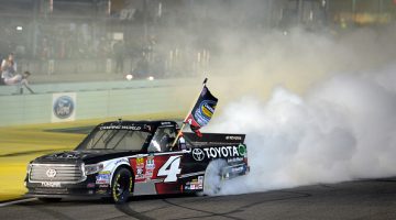 HOMESTEAD, FL - NOVEMBER 20: Erik Jones, driver of the #4 Toyota, celebrates with a burnout after winning the series championship during the NASCAR Camping World Truck Series Ford EcoBoost 200 at Homestead-Miami Speedway on November 20, 2015 in Homestead, Florida. (Photo by Robert Laberge/Getty Images)