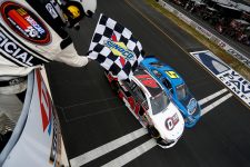 WOODFORD, VA - MAY 30: Spencer Davis, driver of the #41 Davis Poultry/Ruud.com Chevrolet, takes the checkered flag in front of Justin Haley, driver of the #5 Braun Auto Chevrolet, to win the NASCAR K&N Pro Series East ComServe 150 on May 30, 2016 in Woodford, Virginia. (Photo by Matt Hazlett/NASCAR via Getty Images)