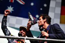 Mark Webber chugs champagne from Daniel Ricciardo's shoe following Ricciardo's podium finish in the Belgian Grand Prix. Photo: Dan Istitene/Getty Images