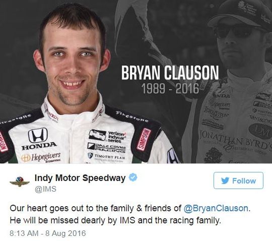 Bryan Clauson statement and photo from Indy Motor Speedway via NASCAR