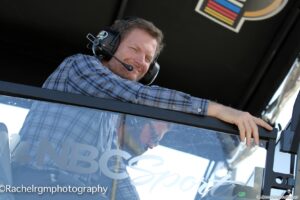 Dale Earnhardt Jr. calling the race from Turns 3 and 4 with NBC Sports. Photo by Rachel Myers for Speedway Media.