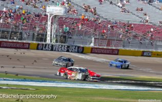 Ryan Reed takes heavy damage after contact with Matt Tifft on the exit of Turn 4 at Las Vegas Motor Speedway. Both drivers were treated and released from the infield care center. Photo by Rachel Myers for Speedway Media.