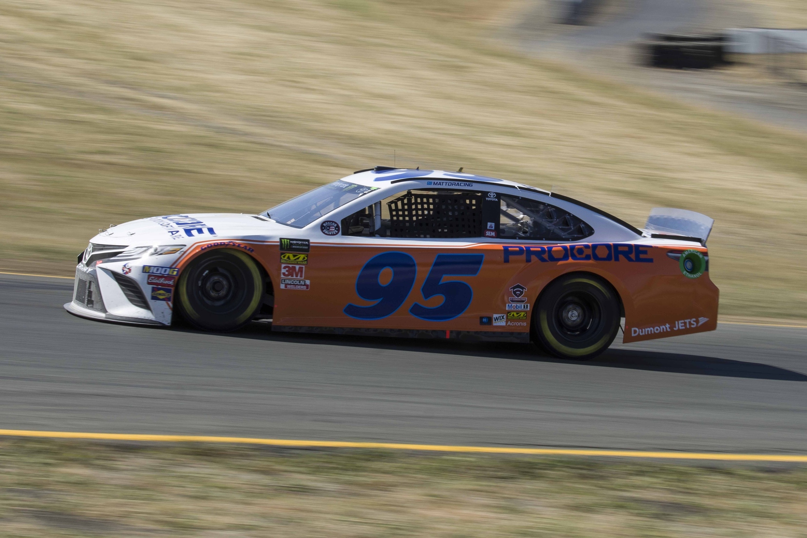 Matt DiBenedetto wheeled his No. 95 Procore Toyota for Levine Family Racing during one of Friday's practice sessions at the technical road course. Photo courtesy of Patrick Sue-Chan for Speedway Media.